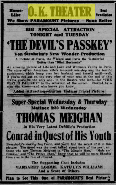 O.K. Theater - Mar 28 1921 Ad